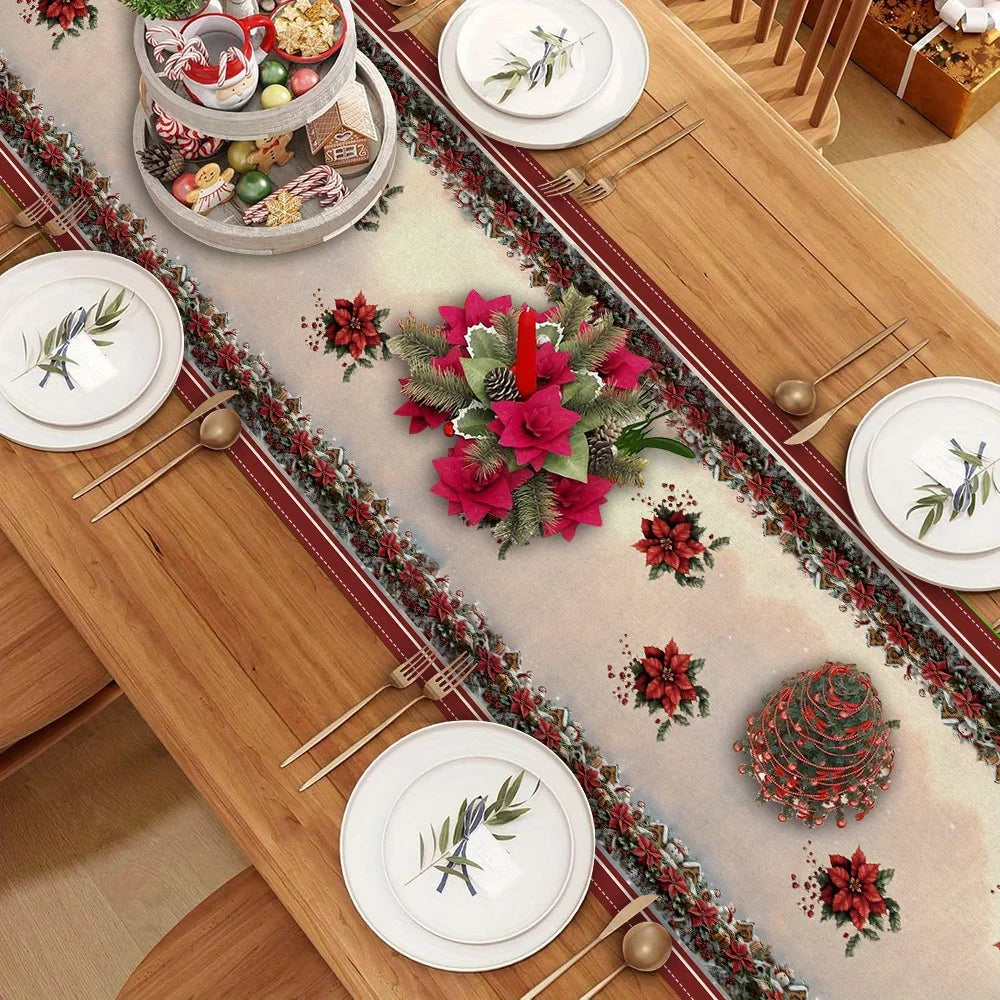 Christmas Table Runner with Santa Claus, Deer & Poinsettia Pattern, Multiple Sizes, for Christmas Home Decoration and Gifts