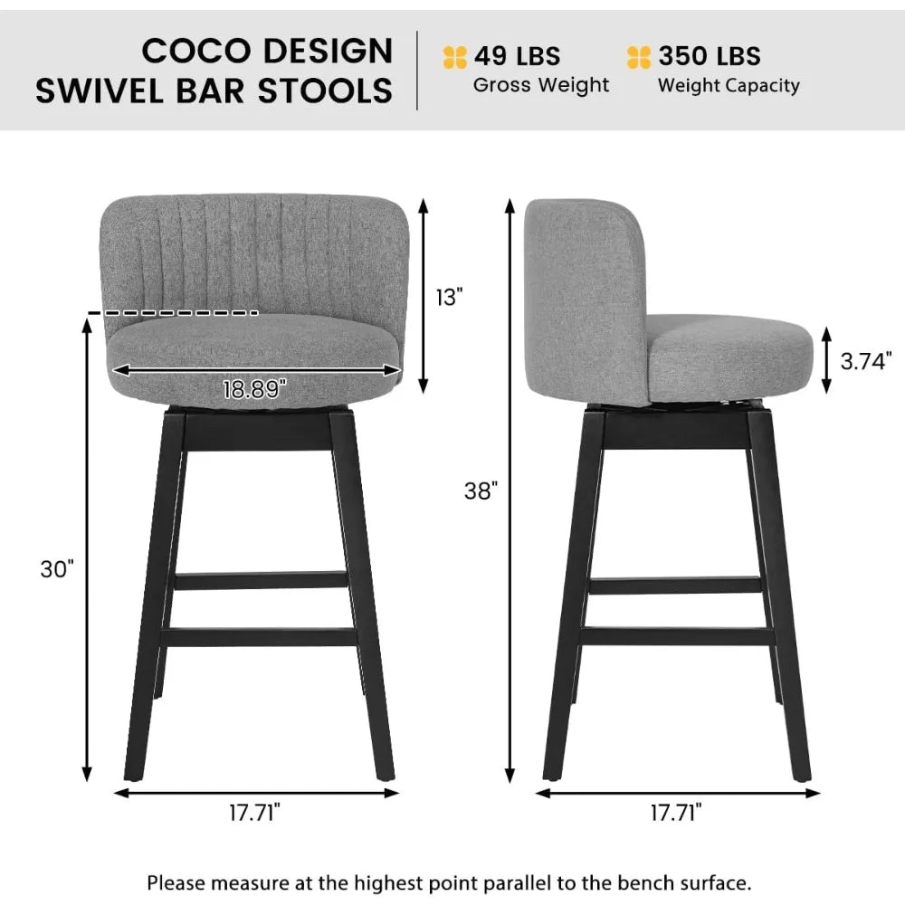 Swivel Bar Stools Set of 2, 30" Seat Height Mid Century Modern Bastools with Back, Bar Height Chairs with Linen Upholstered Sea