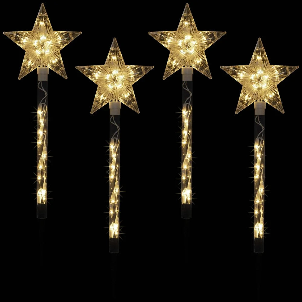 Lighted Star Christmas Pathway Markers 4ct Clear Mini Lights Outdoor Lawn Stakes Decorations Yard Holiday Decoration