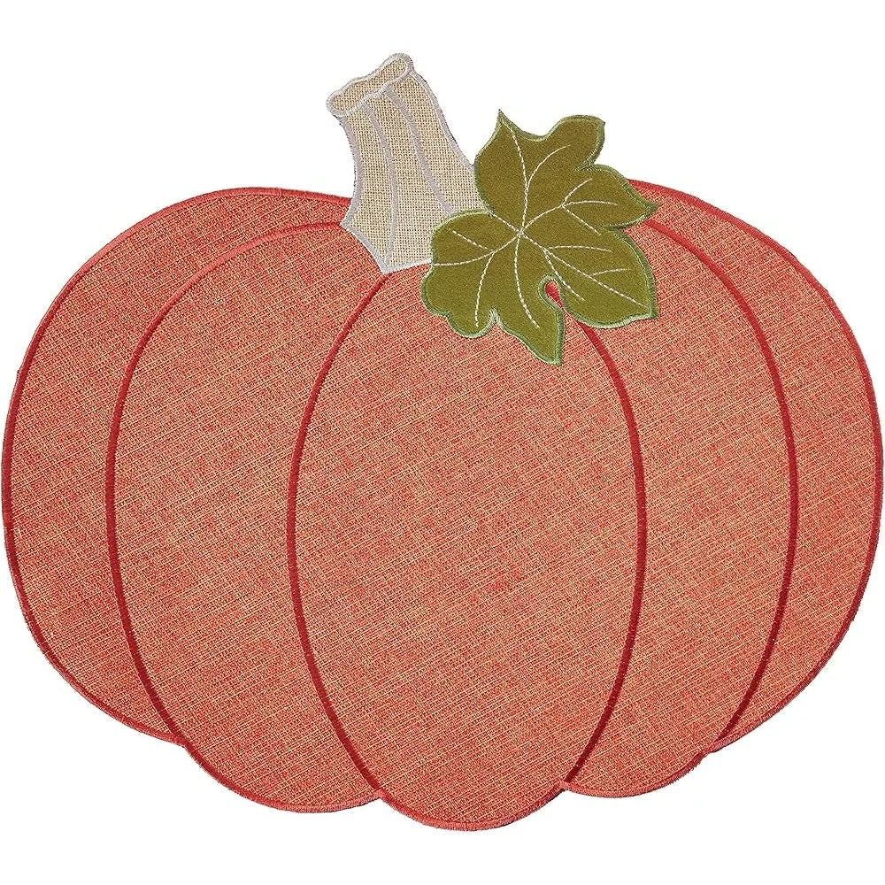 Thanksgiving Harvest Pumpkin Pattern Polyester Applique Embroidered Burlap Placemats Set of 4 Decorative Table Decor 12x18 Inch