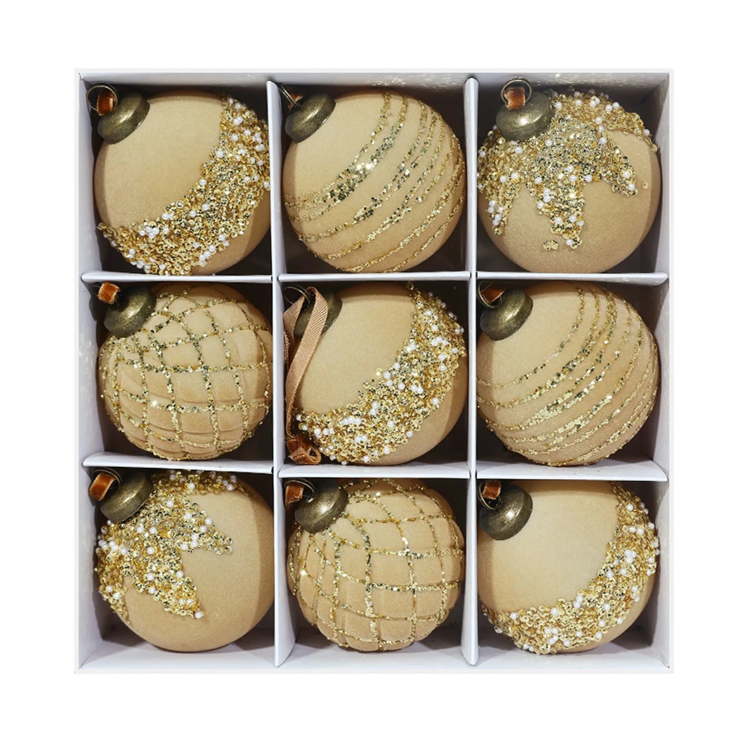 Christmas Ornament Red Gold Patterned Flocked Plastic 8cm 9pcs Christmas Tree Decor Festive Home Xmas Ball Set Accessory