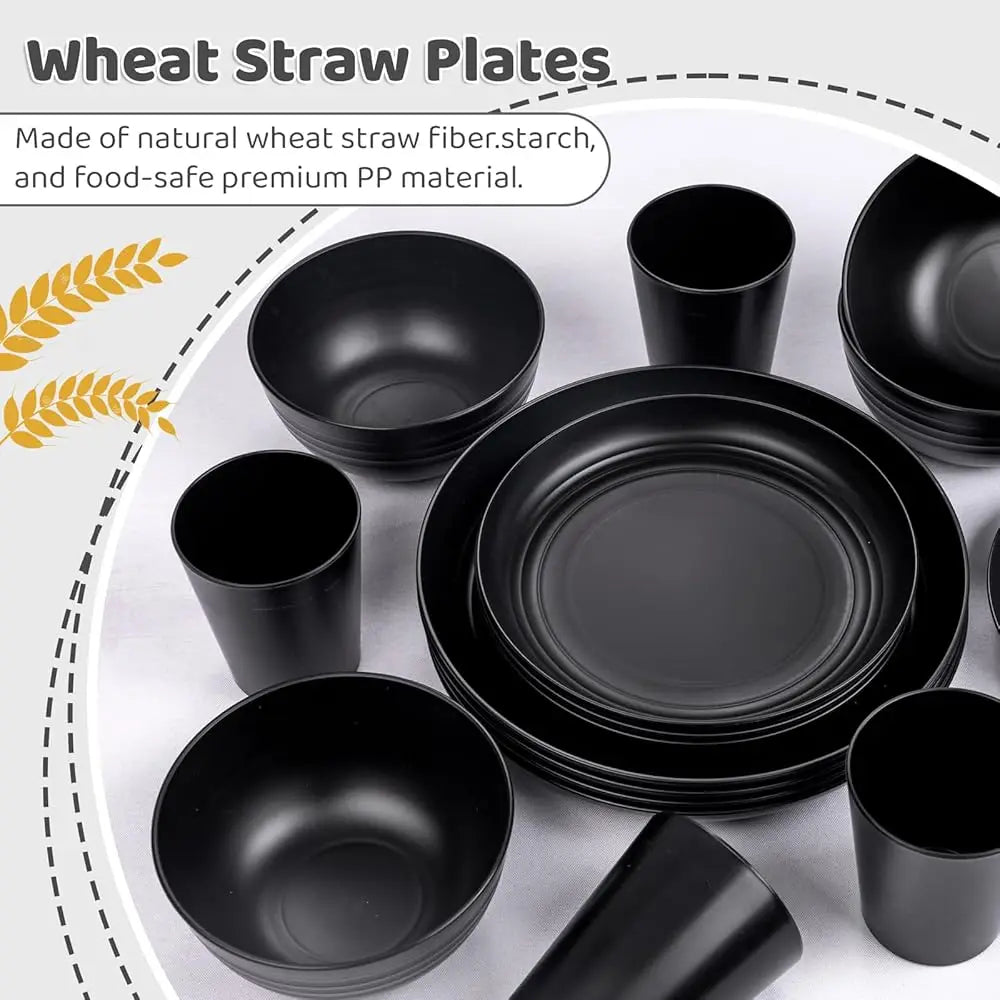 Liyh 16 Pcs Bla Wheat Straw Dinnerware Set - Unbreakable Plates And Bowls Set, Dish Set For 4, Bla Plastic Dinnerware Set Lude