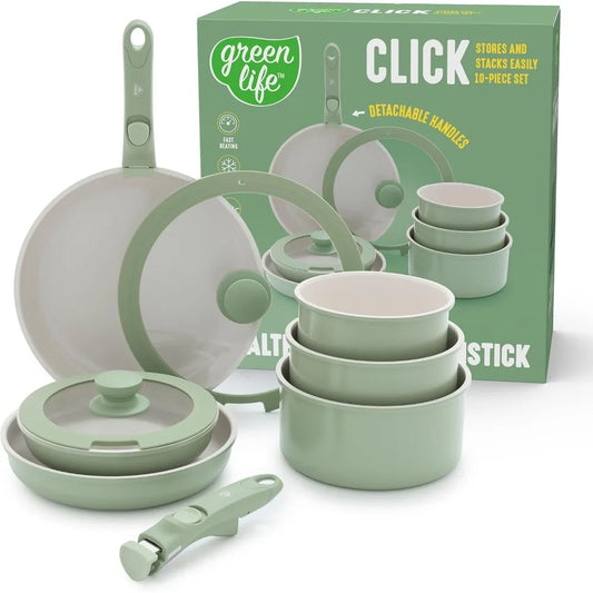 10 Piece Nonstick Pots & Pans Set, Detachable Handle & Stackable Cookware Set, Non Toxic PFAS-Free Skillets, Induction Kitc