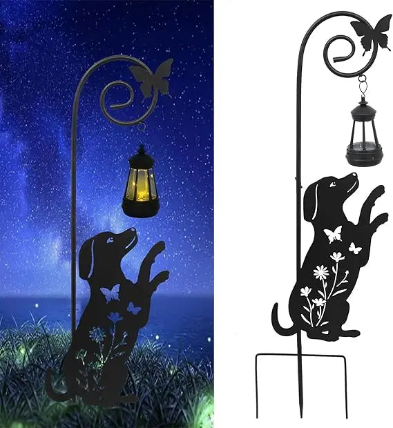 Solar Dog Lantern Garden Stakes - Outdoor Decorative Solar Lights for Yard, Patio, Pathway - Weatherproof Metal Dog Stake with A