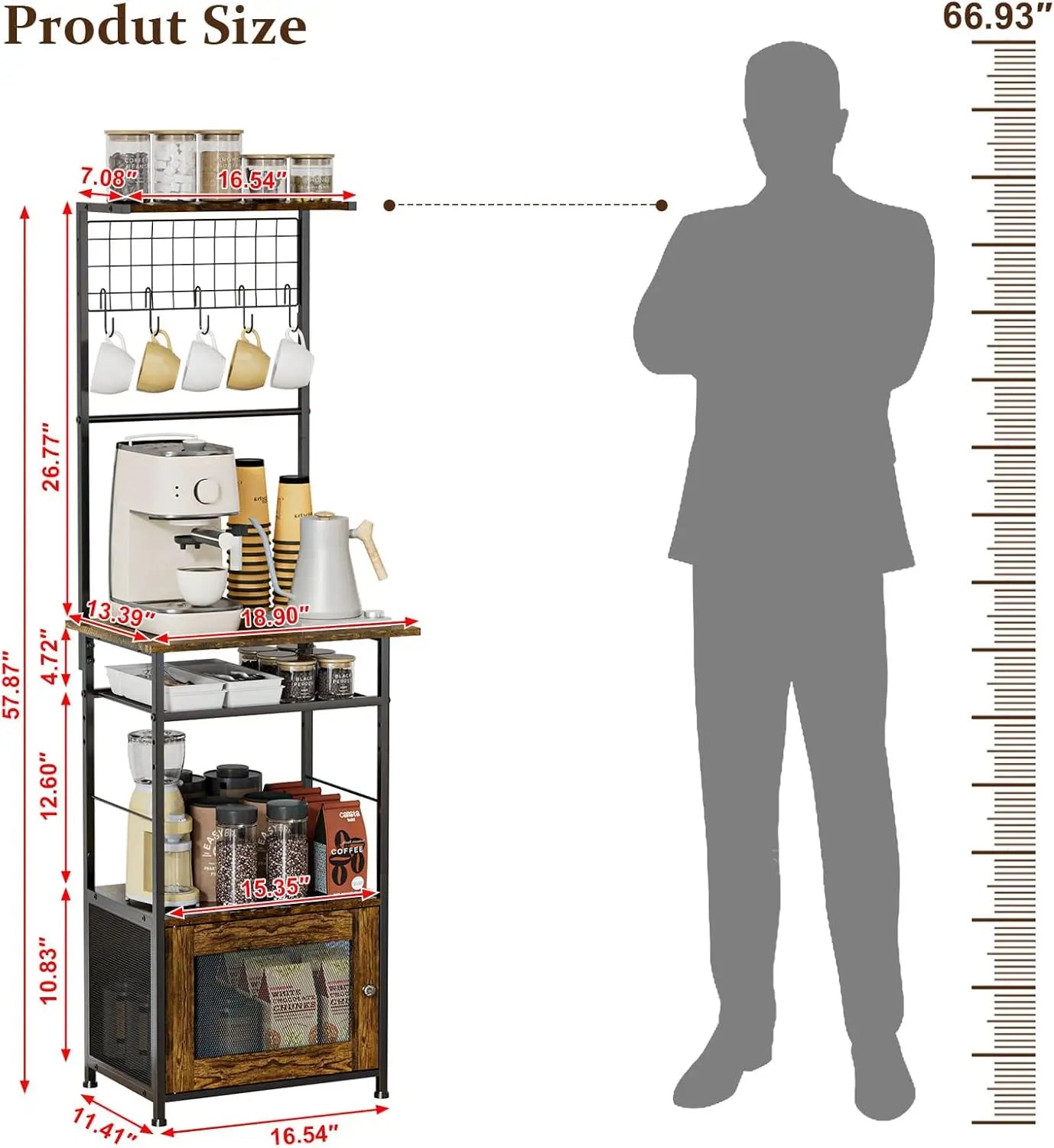 5 Tier Bakers Rack with Visual Cabinet, Coffee Bar Cabinet with 5 Hooks, 57.87”H Tall Microwave Stand for for Small Space