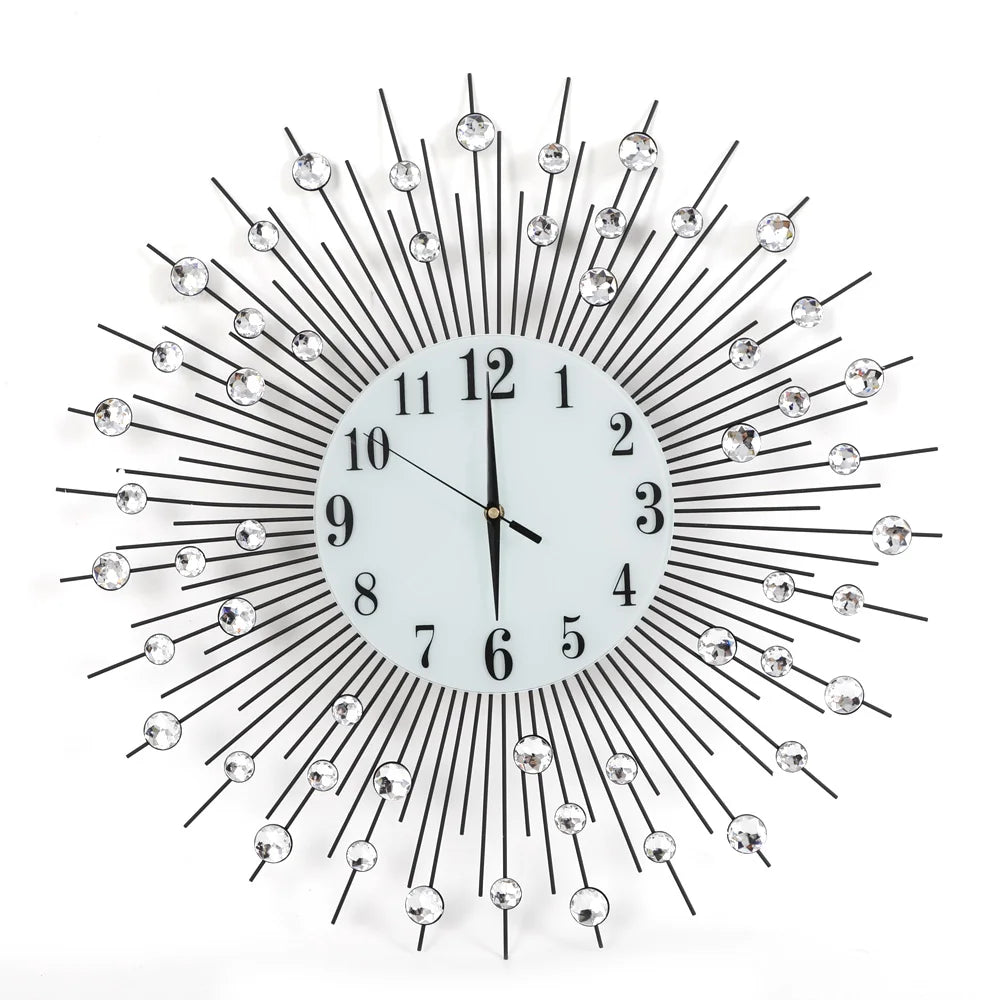 Stylish Wall Clock with Acrylic Diamonds, Vintage Metal Crystal Sunburst Wall Clock Luxury Diamond Modern Wall Clock 60cm