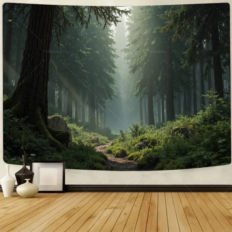 1pc Wall Tapestry "Enchanted Winter Forest Tapestry with Deer and Fox in Snowy Scene"