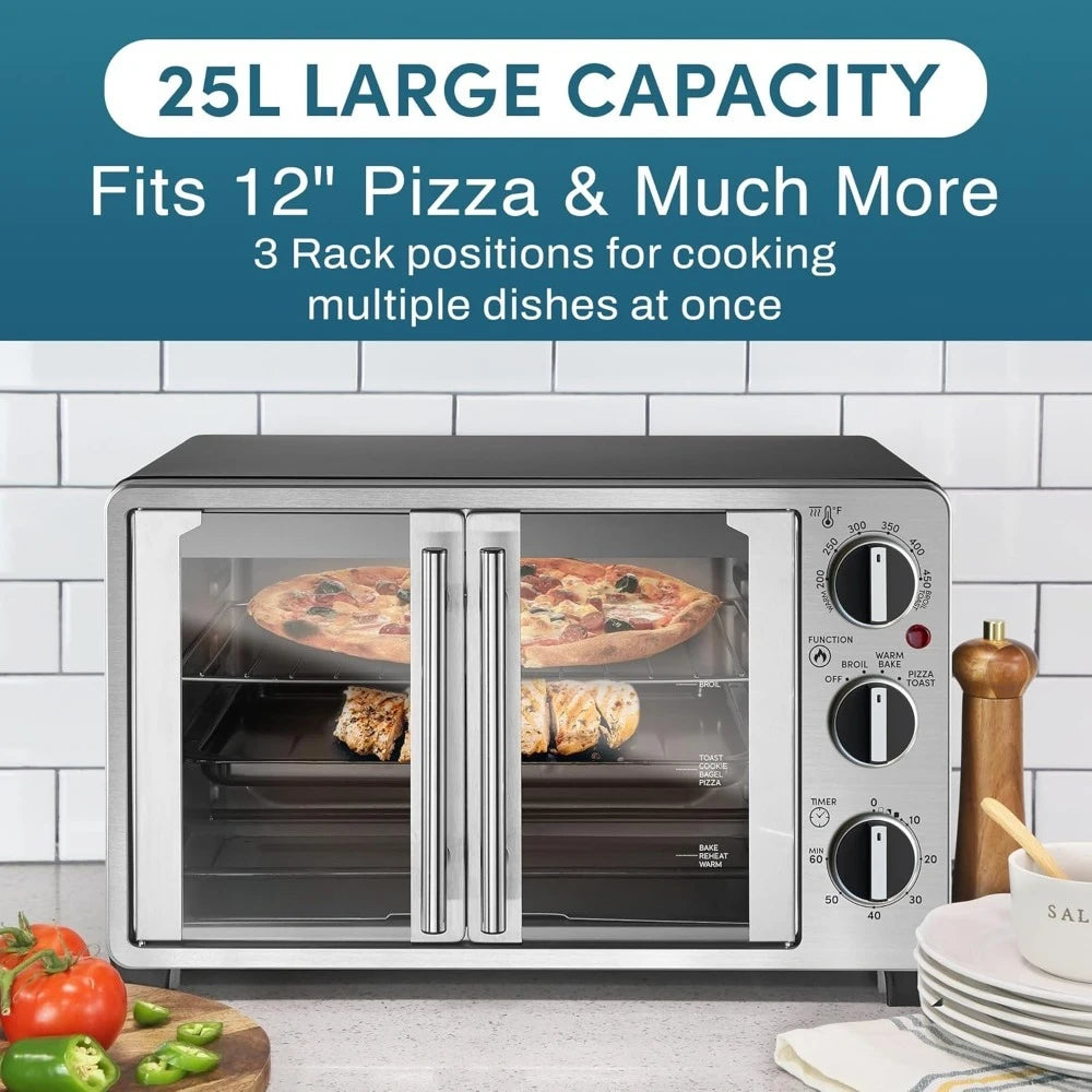 New upgrade-Black Double French Door Countertop Toaster Oven,Bake,Broil,Toast,Keep Warm,Fits 12" pizza, 25L capacity - Authentic