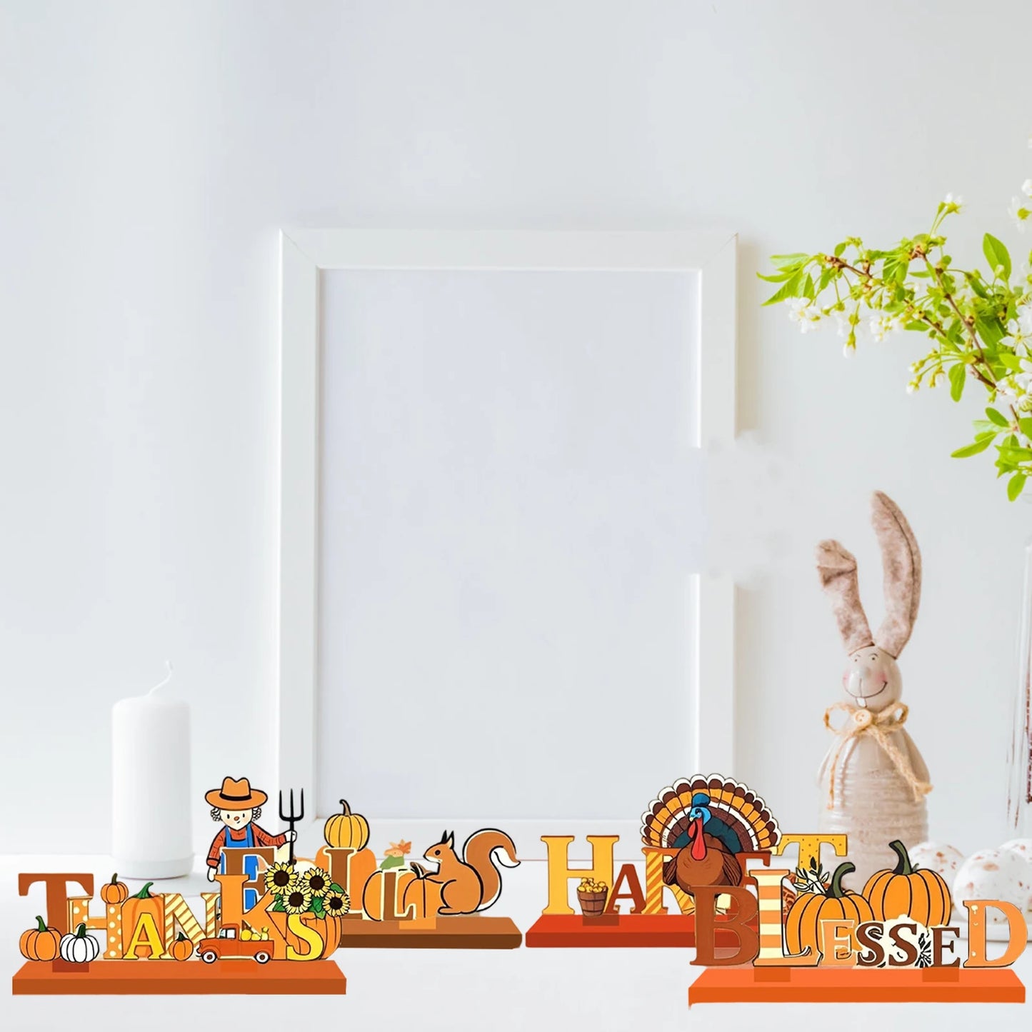 Thanksgiving Decor Set 4 Wooden Pumpkin and Letter Ornaments Table Centerpieces for Home Office Fall Party Décor