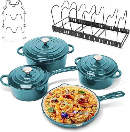 Enameled Cast Iron Cookware Set, 9-Piece Pots and Pans Set Non Stick, Pots and Pans Rack Organizer, 10.25” Skillet, 2QT Saucepan