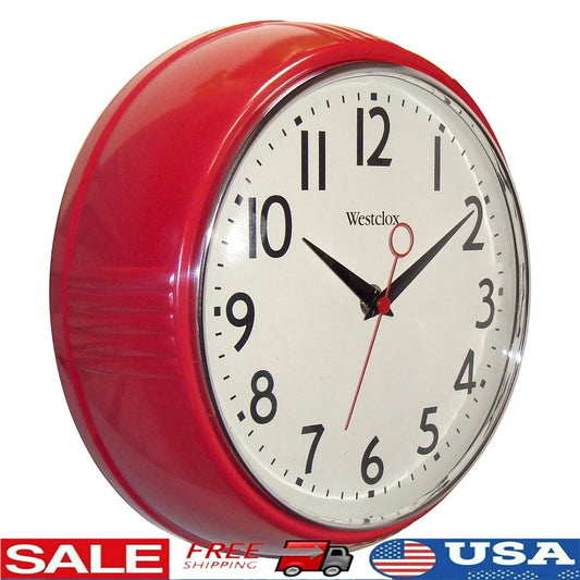 Retro 9.5 Inch Analog Quartz Wall Clock Convex Glass Lens Red Finish Chrome Trim Easy Read Dial Kitchen Decor