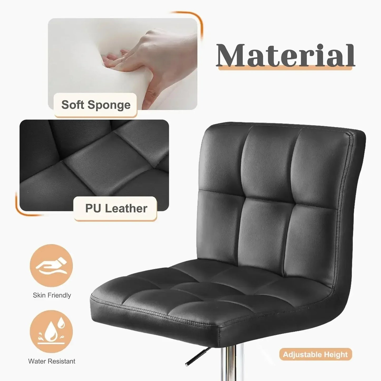 XMSJ.Bar Stools Set of 2, PU Leather Adjustable Swivel Barstools, Armless Hydraulic Kitchen Counter Height Bar Stools