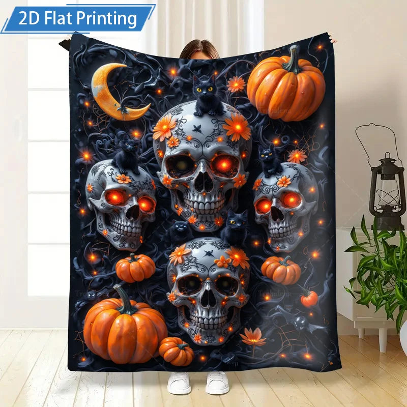 1pc Flannel Blanket Halloween Skull Pumpkin Blanket - Spooky Gothic Style Cozy Throw
