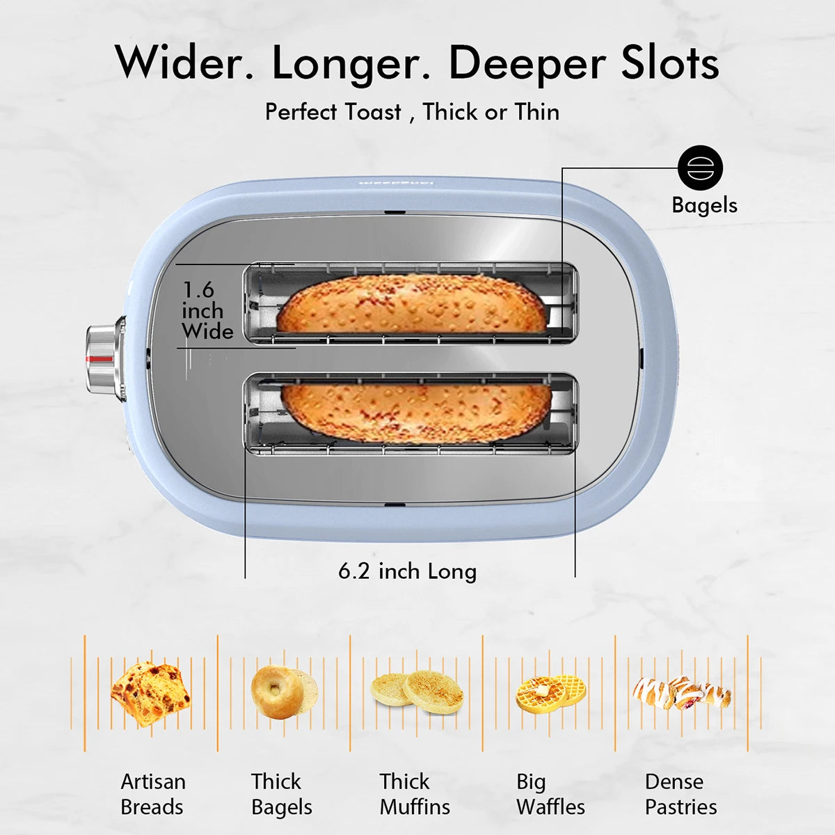 2 Slice Toaster with 1.5" Extra Wide Slots & Removable Crumb Tray 6 Browning Options, Auto Shut Off & Frozen Function, Blue