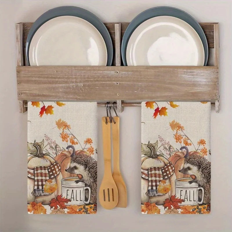 Fall Hedgehog Pumpkins Kitchen Dish Towels Cleaning Cloths Autumn Absorbent Bathroom Towel Hand Towel Baking Cooking Cloth Decor