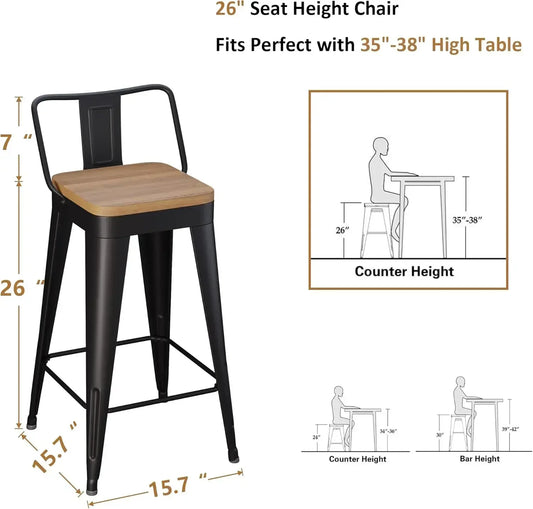 Xmsj.metal Set Of 4 Counter Height Bar Stools stools With Removable Back 26" Kitchen    Wooden Seat,