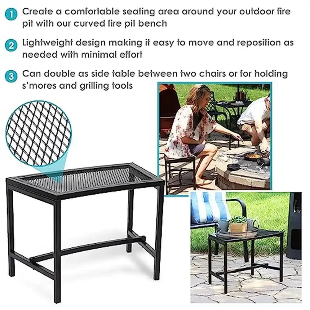 Black Metal Mesh Fire Pit Bench Set of 2 Curved Design Outdoor Campfire Seating Lightweight Alloy Construction 23"x13"x16
