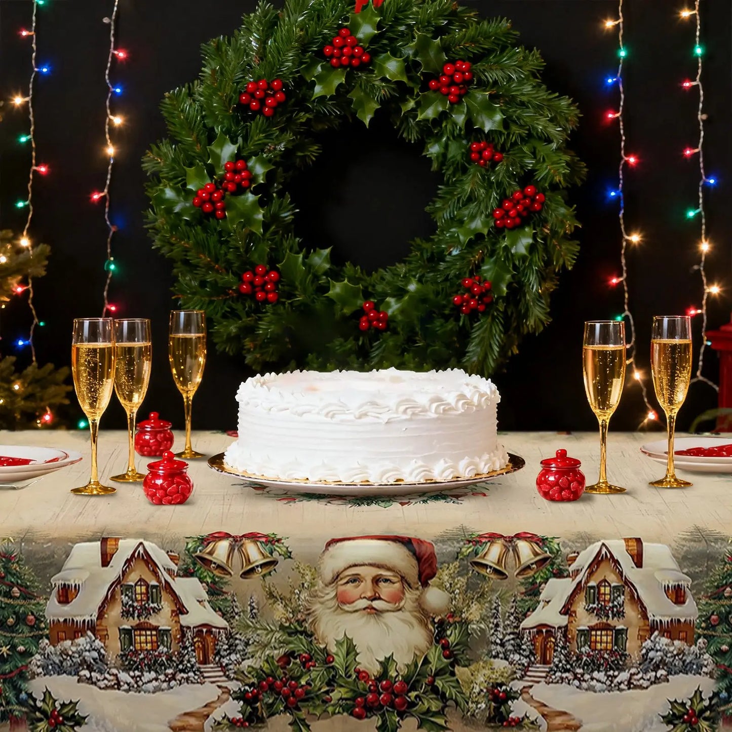 Short Plush Rectangular Tablecloth For Christmas Featuring Red Snowmen And Christmas Decorations Waterproof Christmas Tablecloth