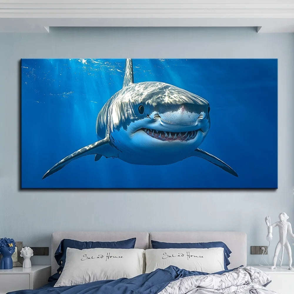 1.5 inch thick pine solid wood frame,Marine animal Great white shark poster,canvas printed wall art,modern home, aesthetic decor