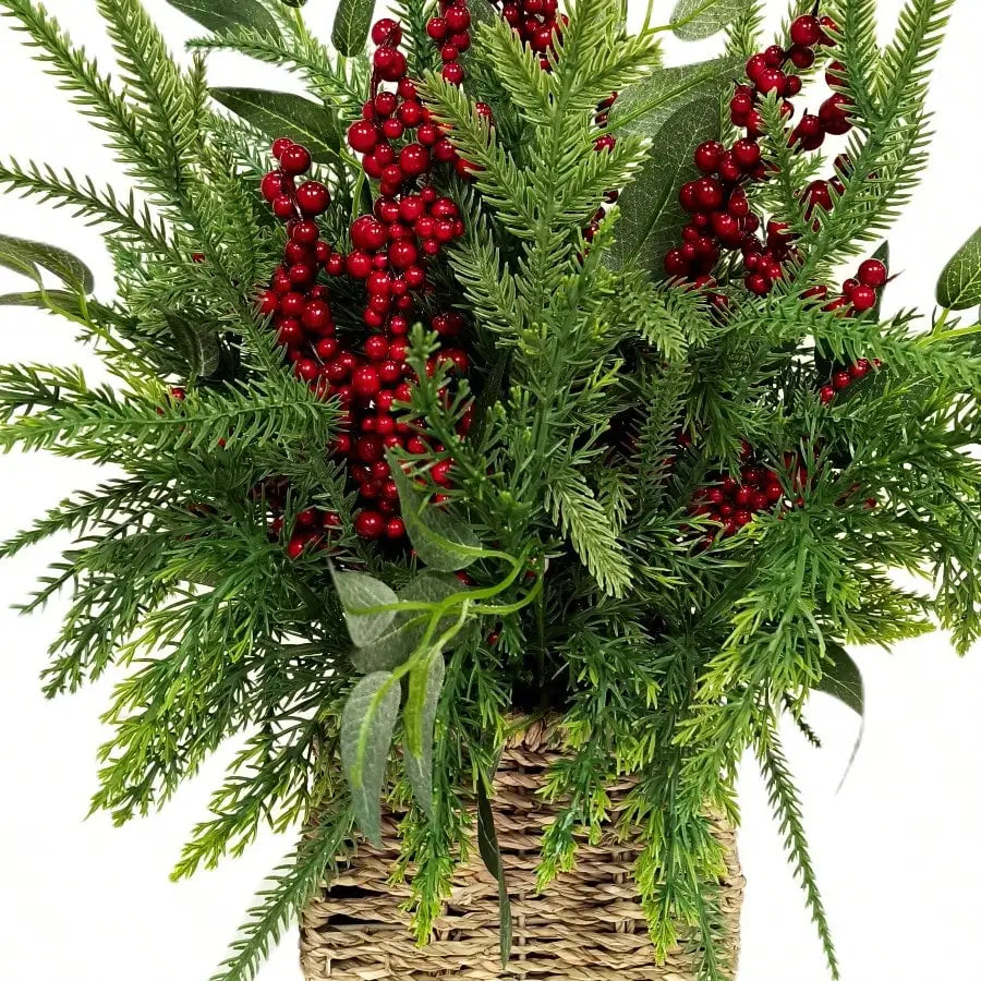 Winter Floral Basket with Berries Christmas Tabletop Decoration, Green and Red, 15"