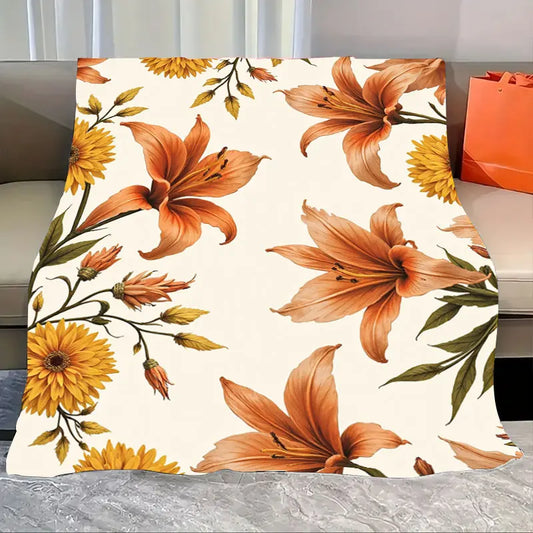 1pc Flannel Blanket Autumn Floral Print Throw Blanket for Cozy Home Decor