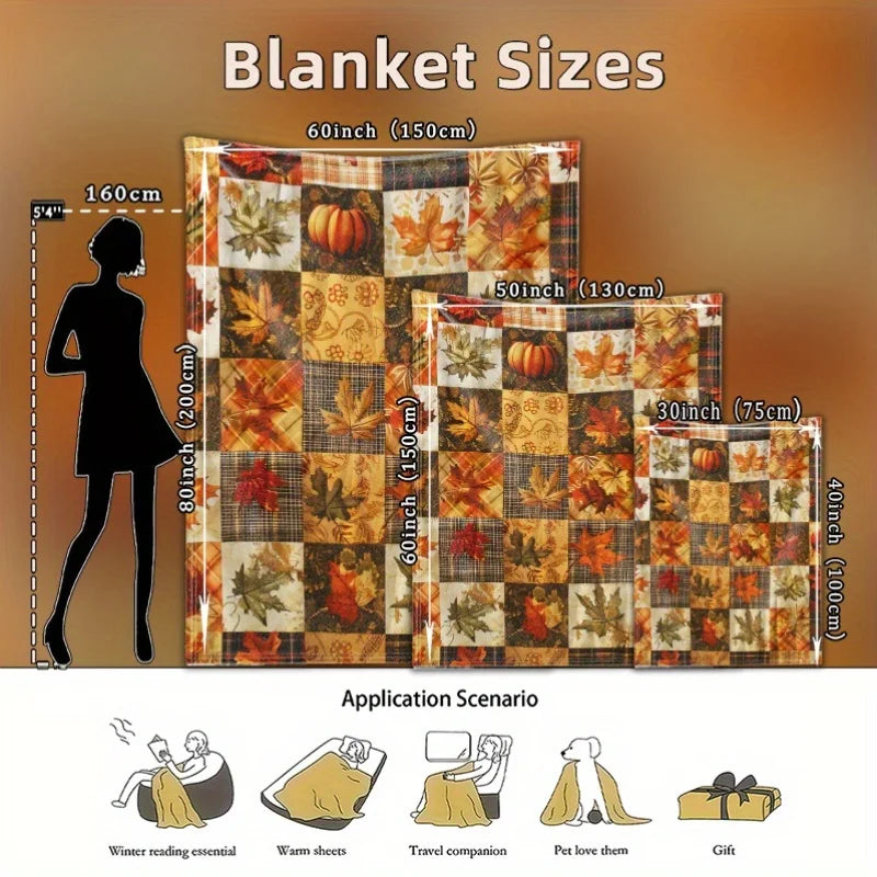 1pc Vintage Autumn Pumpkin and Maple Leaf Plaid Print Flannel Blanket - Comfortable Soft Polyester Fabric, Lightweight