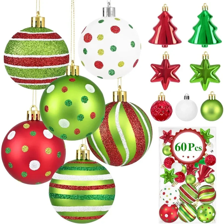 60Pcs Christmas Tree Decorations Red and Green Glittering Hanging Ornaments for Christmas Tree Topper Holiday Decorations Indoo