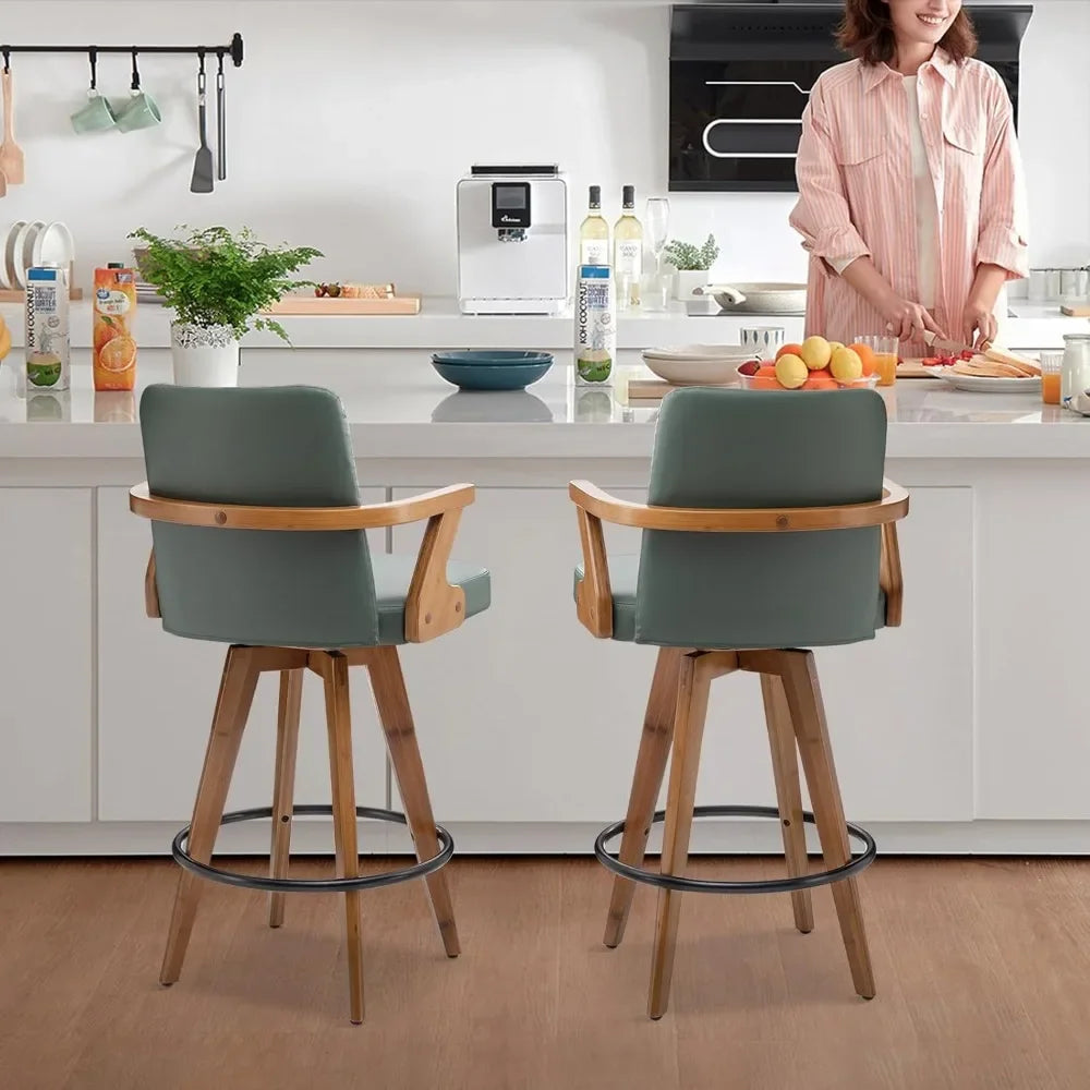 26” Counter Height Bar Stools,Leather Upholstered Bar Chair, Swivel Bar Stools with Back and Arms，Industrial Style Barstool Se