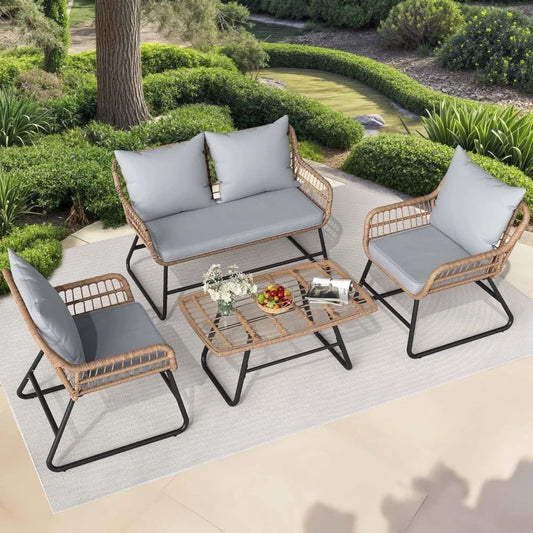 4-piece Patio Furniture Set, Wicker Outdoor Furniture Set With Cushions, Outdoor Table And Chairs For Balcony, Backyard, Deck,