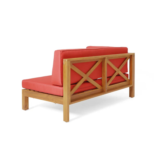 Left rear bench, red seat cushion, Acacia wood frame, cross backrest design