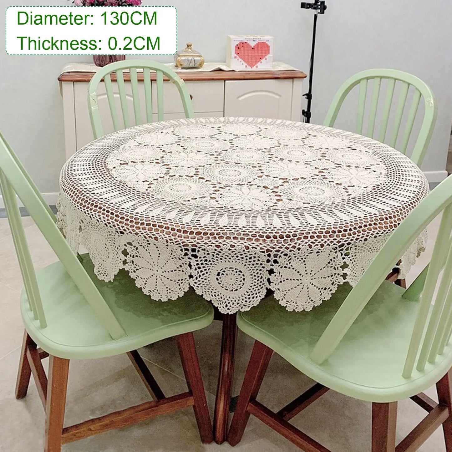 Handmade Crochet Tablecloth, 51.18" Round, Vintage Floral Cotton, Protects Furniture, Machine Washable, Ideal for Dining, Coffee