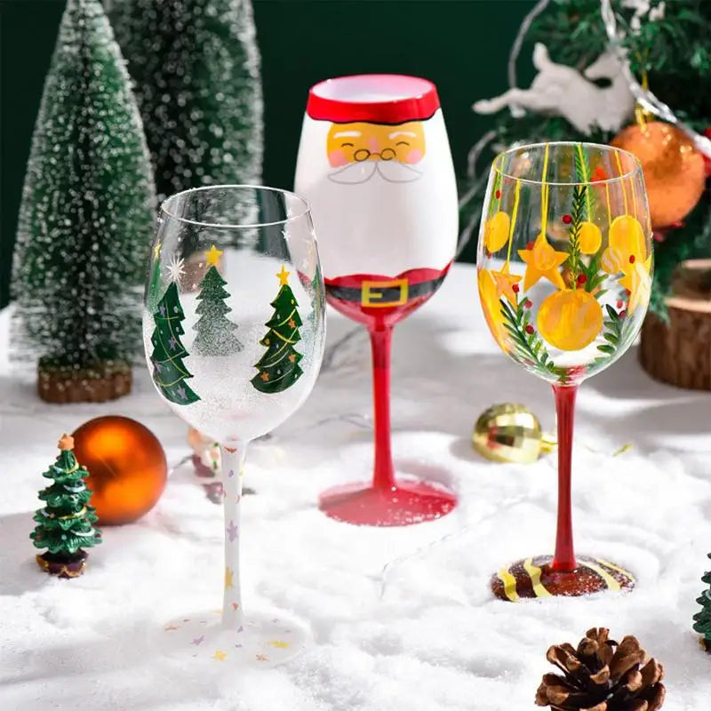 Creative Christmas Glass Cup Hand-Painted Christmas Tree Glass Goblet Red Wine Glass Christmas theme Home Glass Cup Xmas Gift