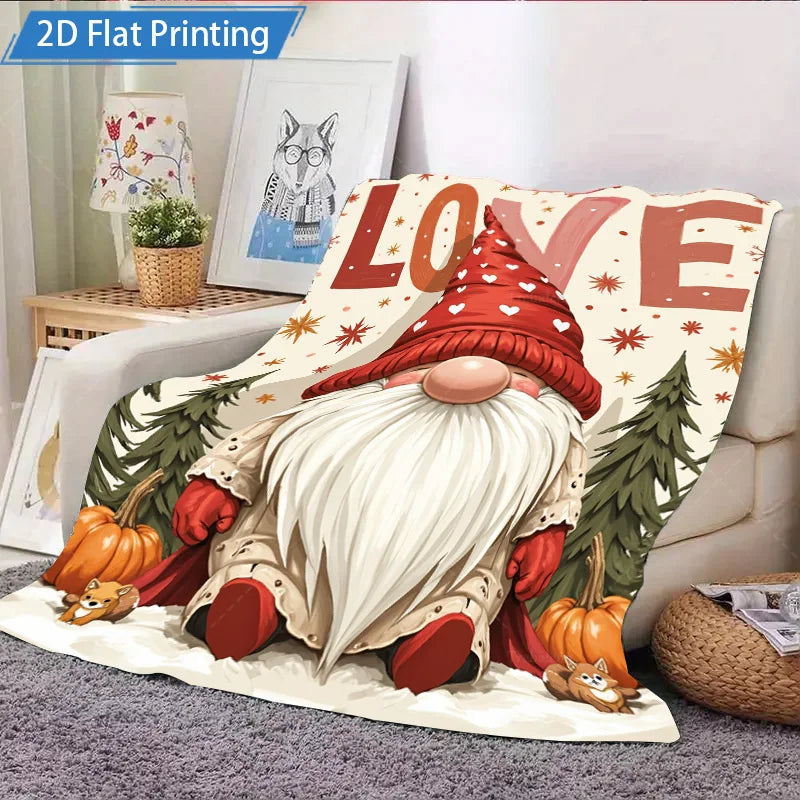 1pc Flannel Blanket Christmas Gnome Love Print Blanket Cozy Holiday Decor for Home and Bedding
