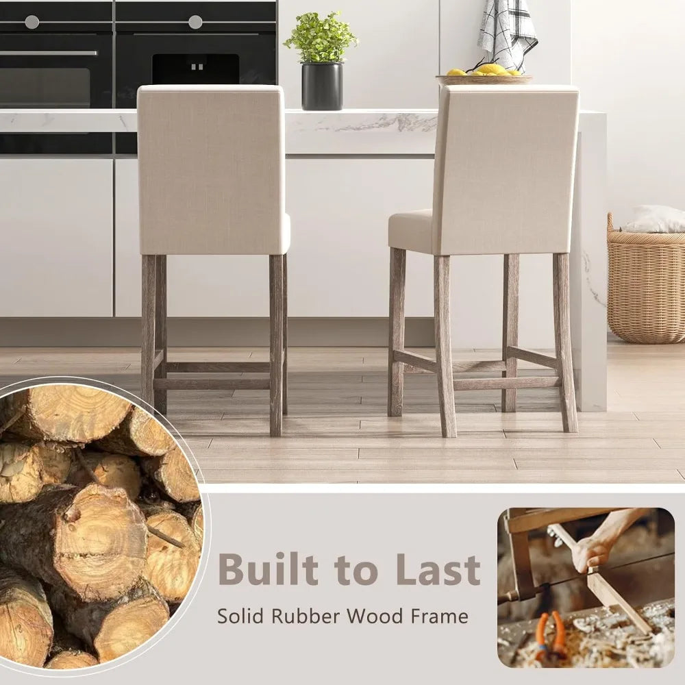 Bar Stools Counter Height Set of 2, 24.5" Modern Fabric Bar Chairs with Back, Footrest & Solid Wood Legs, Upholstered