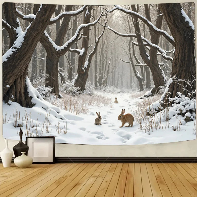 1pc Wall Tapestry "Enchanted Winter Forest Tapestry with Deer and Fox in Snowy Scene"