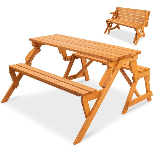 2-in-1 Transforming Interchangeable Outdoor Wooden Picnic Table Garden Bench for Backyard, Porch, Patio, Deck w/Umbrella Hole -