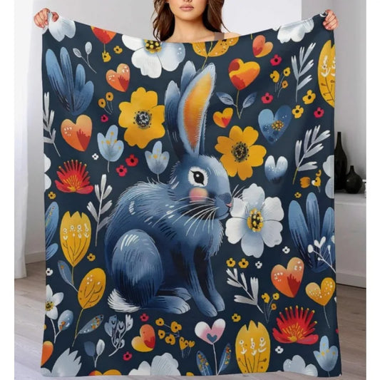 Easter Bunny and Wildflowers Spring Flannel Blanket, Rabbit Floral Colorful Soft Warm Flannel Blanket for Sofa Bed Sofa