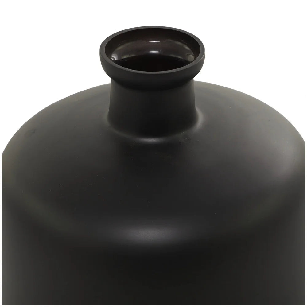 Modern Black Glass Vase 12 inch Drum Shape Decorative Flower Holder Minimalist Design Home Indoor Accent Piece Durable Opaque