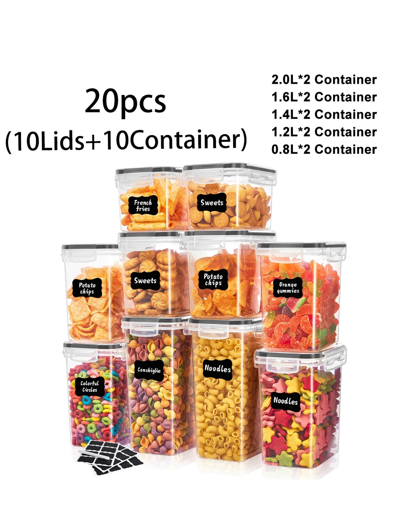 20pcs，Airtight food storage containers with LIDS, plastic kitchen and pantry organization labeled jars for grain flour and pasta