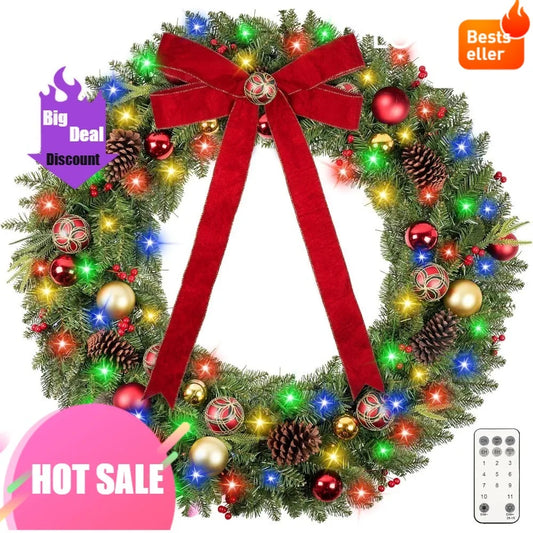 Vlorart 48 Large Outdoor Christmas Wreath with 200 LED Lights, Artificial Pre-lit Decor for Home Exterior