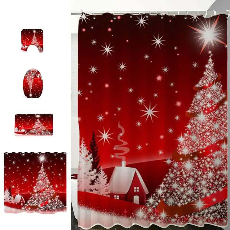 Christmas Shower Curtains Set Waterproof Bathroom Toilet Lid Cover Set Creative Shower Drapes Non-Slip Bath Mat For Home