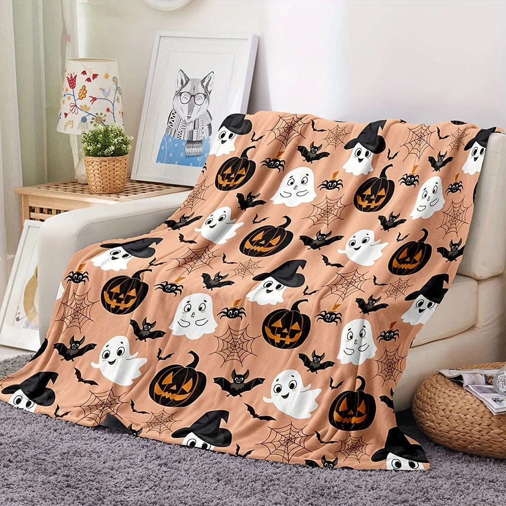 Haunted Halloween Fleece Throw Blanket: Spider Webs Witch's Hat Black Bats and Decorated Pumpkins Print on Soft Flannel Fleece
