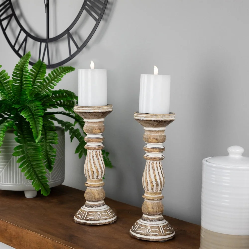 Set of 2 Antique Etched Pillar Candle Holders Black Metal Saucer Indoor Decor Elegant Home Accent Wide Base 12 Inch Tall
