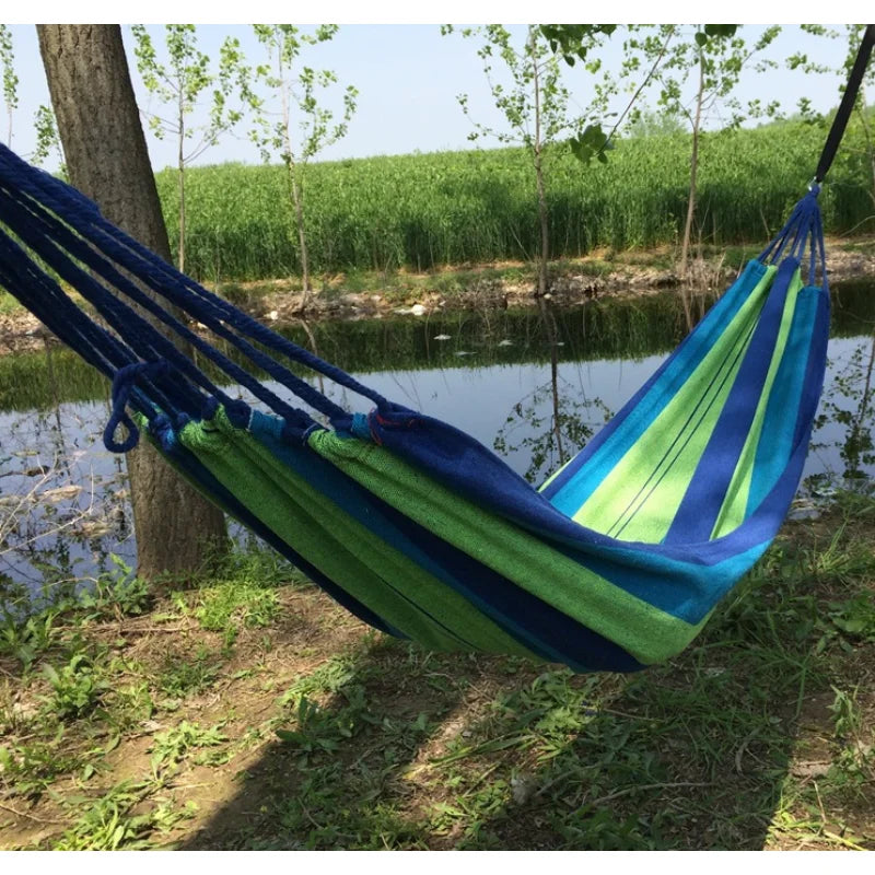 Vibrant Blue & Green Striped Outdoor Hammock - Breathable, Anti-Rollover Design with Secure Knots, Perfect for Garden, Balcony &