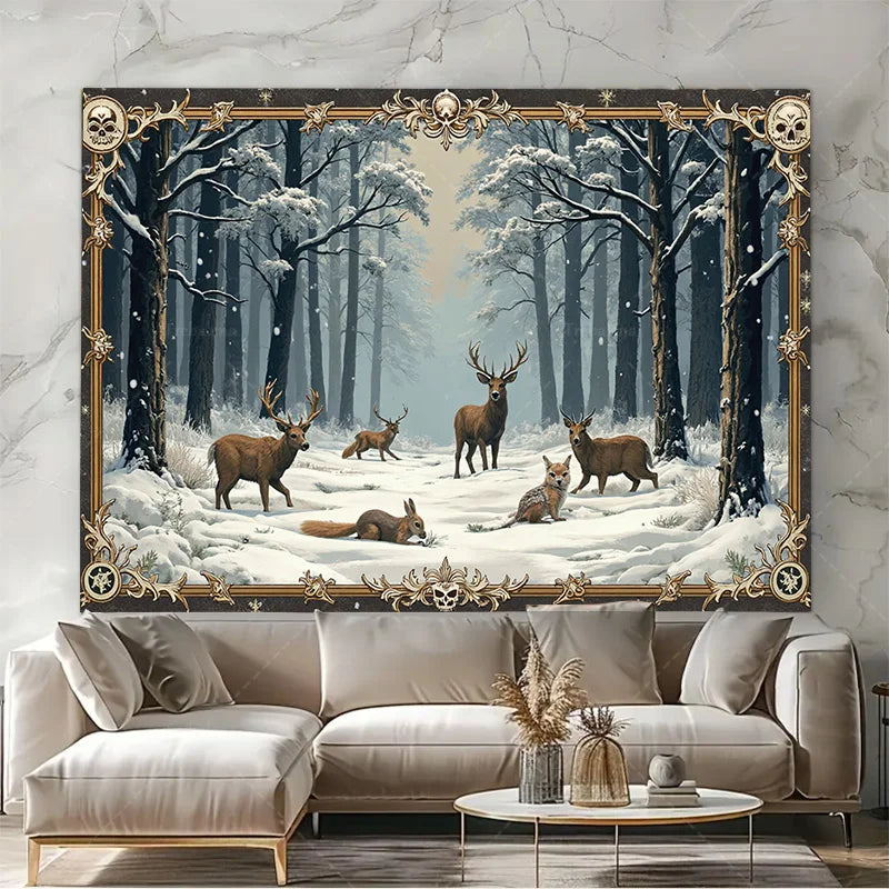 1pc Wall Tapestry "Enchanted Winter Forest Tapestry with Deer and Fox in Snowy Scene"