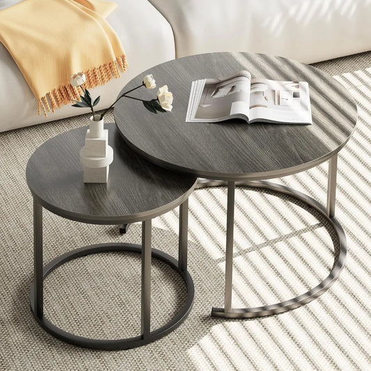 Nesting Coffee Table, 23.6" Round Coffee Table Set of 2, Wooden Nesting Table Set with Metal Frame, Side Tables for Living Room