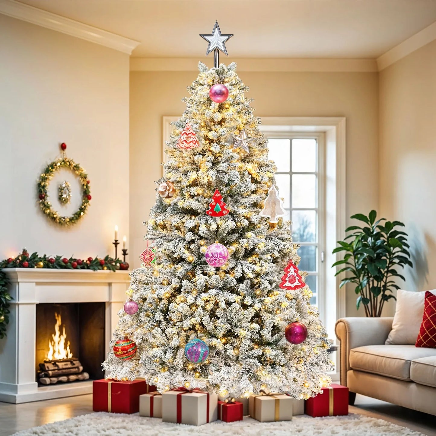 6ft Prelit Snow Flocked Artificial Full Christmas Tree with Remote Control