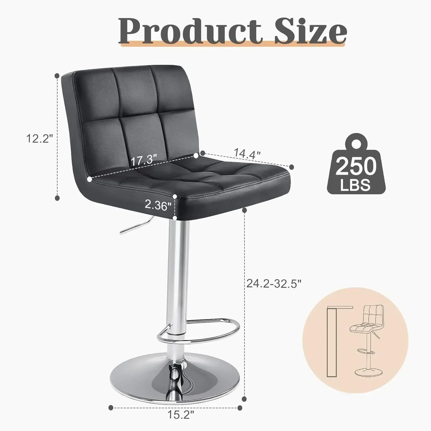 XMSJ.Bar Stools Set of 2, Armless Adjustable Swivel Barstools, PU Leather Hydraulic Kitchen Counter Height Bar Stools, Black