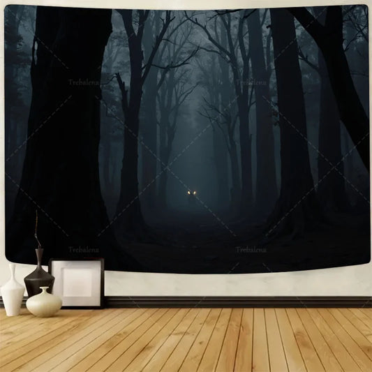 1pc Wall Tapestry Mystic Forest Tapestry - Dark Woods with Glowing Eyes, Spooky Night Scene Decor