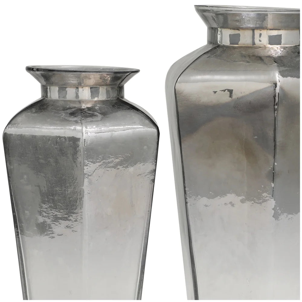 Geometric Hexagon Gray Glass Vases Set of 2 Elegant Home Decor Flower Arrangement Contemporary Accent Pieces